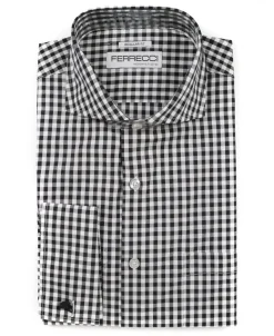 Ferrecci Black and White Check Regular Fit Cutaway Collar Cotton Dress Shirt