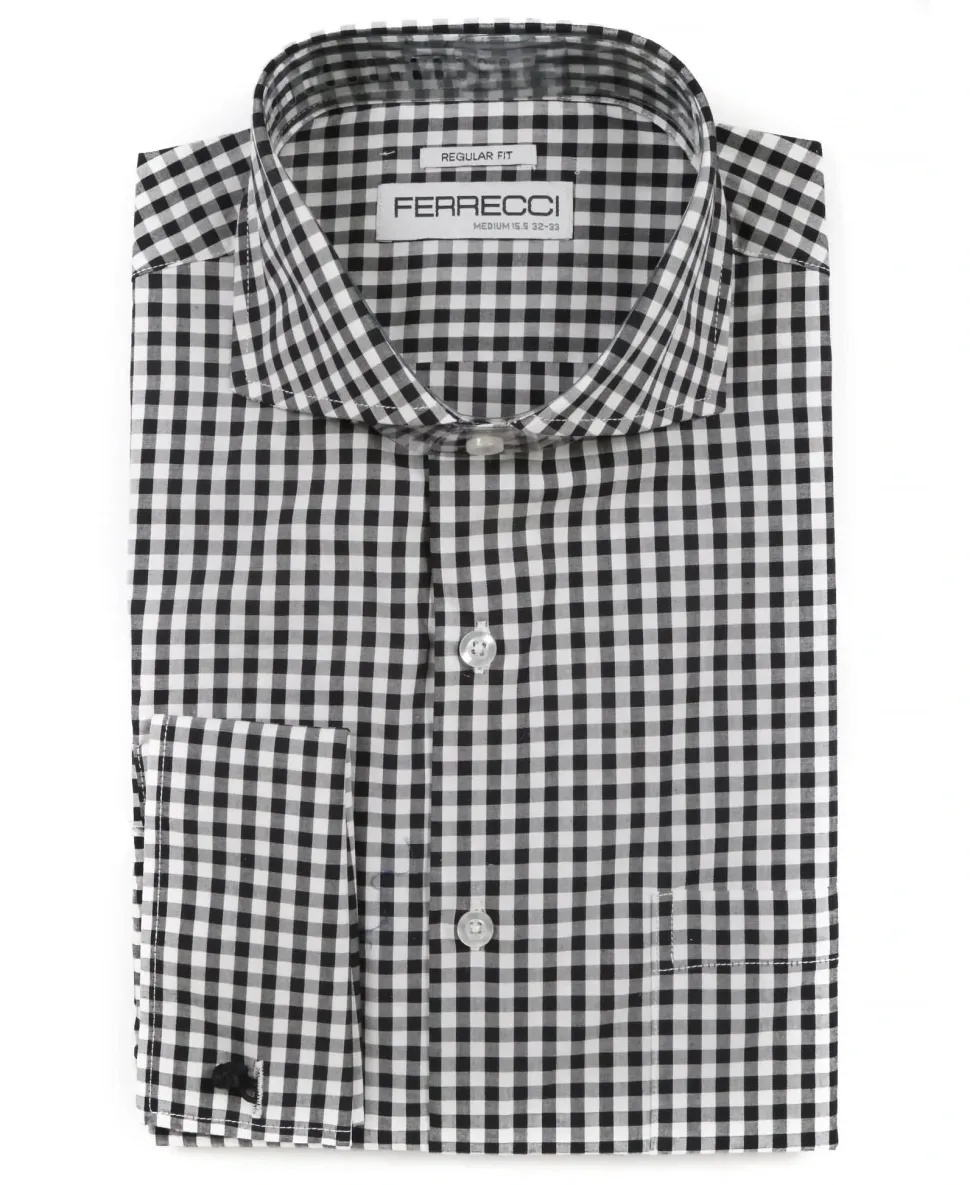 Ferrecci Black and White Check Regular Fit Cutaway Collar Cotton Dress Shirt
