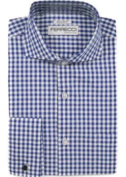 Ferrecci Blue and White Check Regular Fit Cutaway Collar Cotton Dress Shirt