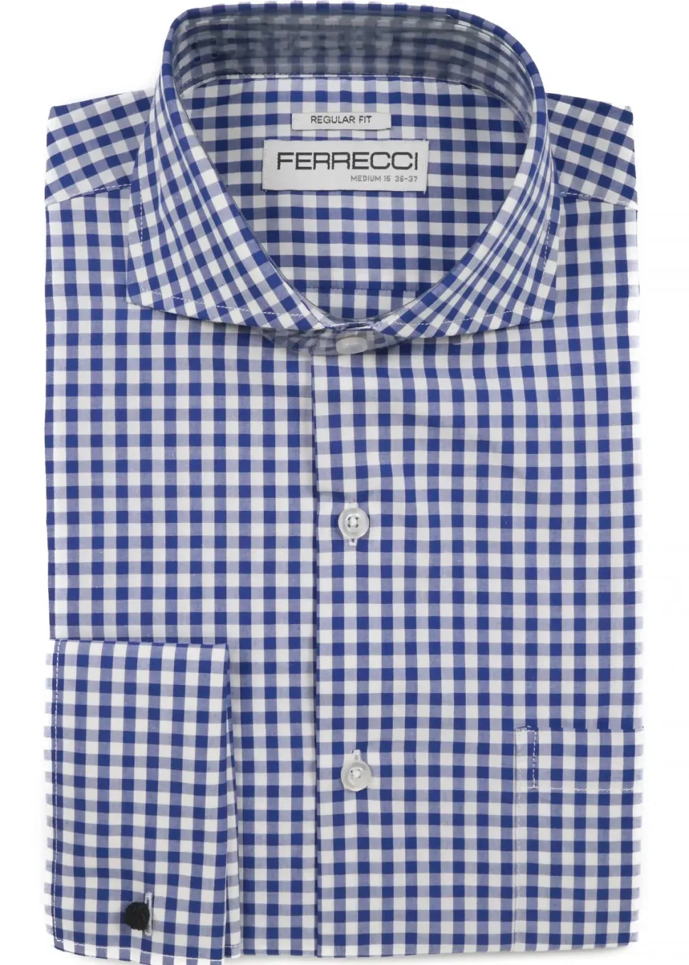 Ferrecci Blue and White Check Regular Fit Cutaway Collar Cotton Dress Shirt