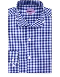 Ferrecci Blue and White Check Slim Fit Cutaway Collar Cotton Dress Shirt