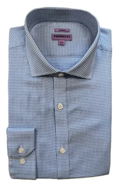 Ferrecci Blue and White micro houndstooth Slim Fit Cutaway Collar Cotton Dress Shirt