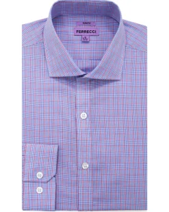 Ferrecci Blue Micro Check Slim Fit Cutaway Collar Cotton Dress Shirt