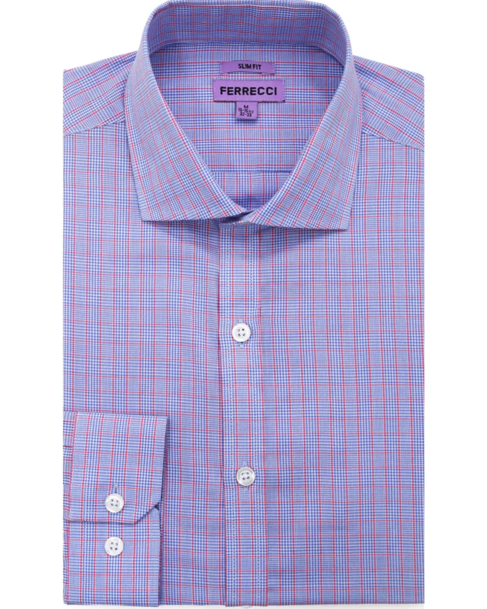 Ferrecci Blue Micro Check Slim Fit Cutaway Collar Cotton Dress Shirt