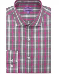 Ferrecci Gray Plaid Slim Fit Spread Collar Cotton Dress Shirt