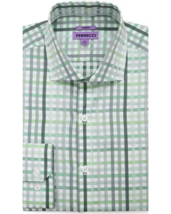 Ferrecci Green Plaid Slim Fit Cutaway Collar Cotton Dress Shirt