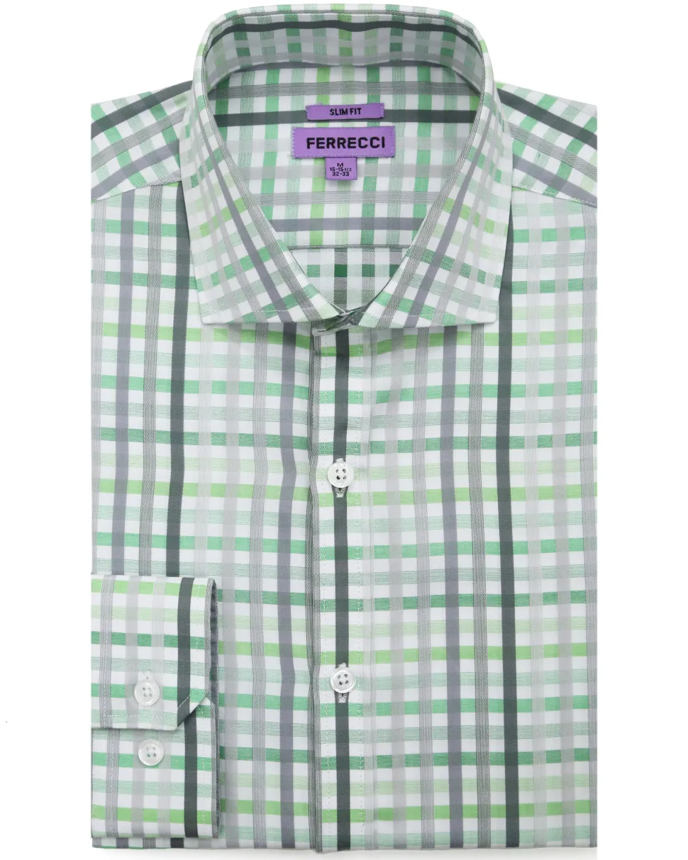 Ferrecci Green Plaid Slim Fit Cutaway Collar Cotton Dress Shirt