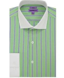 Ferrecci Green Striped Slim Fit Spread Collar Cotton Dress Shirt