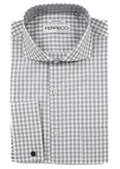Ferrecci Grey and White Check Regular Fit Cutaway Collar Cotton Dress Shirt