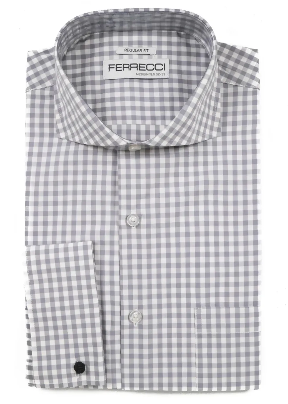 Ferrecci Grey and White Check Regular Fit Cutaway Collar Cotton Dress Shirt