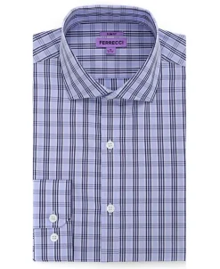 Ferrecci Light Blue Plaid Slim Fit Spread Collar Cotton Dress Shirt