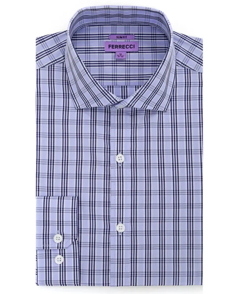 Ferrecci Light Blue Plaid Slim Fit Spread Collar Cotton Dress Shirt