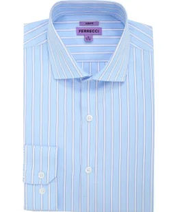 Ferrecci Light Blue Striped Slim Fit Cutaway Collar Cotton Dress Shirt