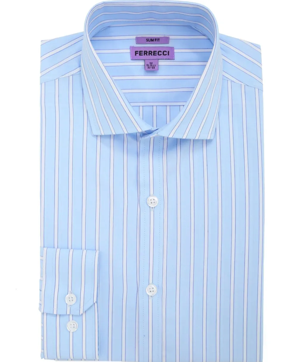 Ferrecci Light Blue Striped Slim Fit Cutaway Collar Cotton Dress Shirt