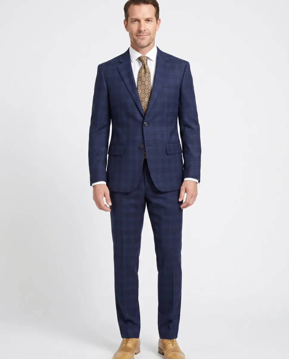 Ferrecci Mens Navy Blue Plaid Classic Fit Wool Blend 2 Piece Suit