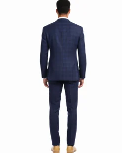 Ferrecci Mens Navy Blue Plaid Classic Fit Wool Blend 2 Piece Suit