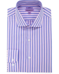 Ferrecci Pink and Blue Striped Slim Fit Cutaway Collar Cotton Dress Shirt