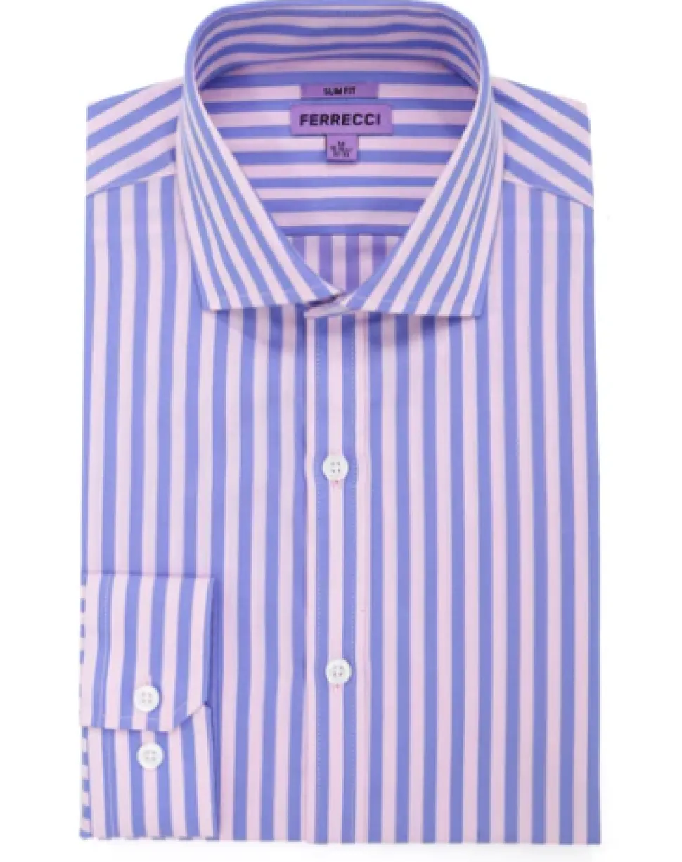 Ferrecci Pink and Blue Striped Slim Fit Cutaway Collar Cotton Dress Shirt