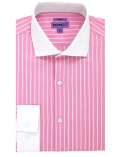 Ferrecci Pink Striped Slim Fit Cutaway Collar Cotton Dress Shirt