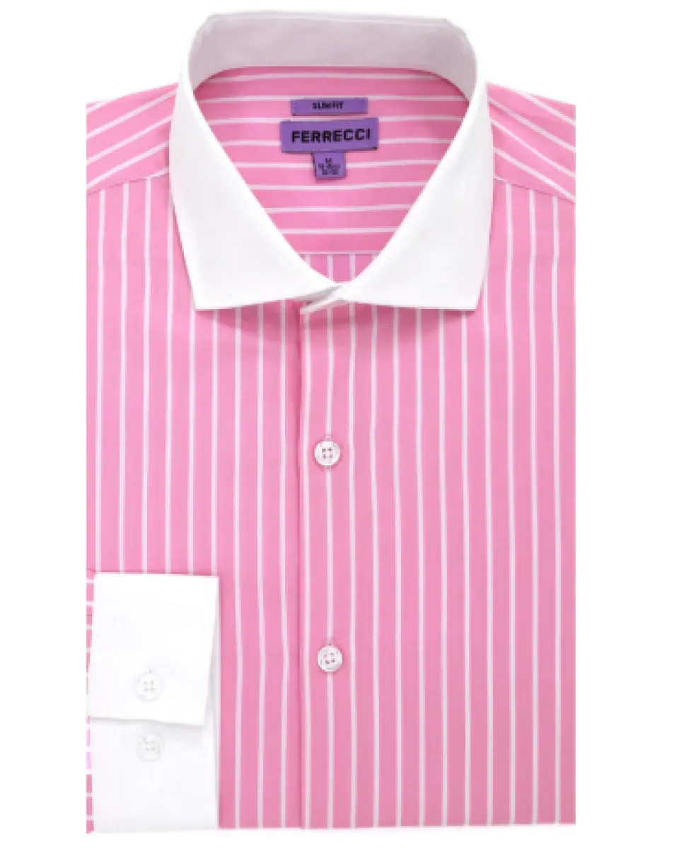 Ferrecci Pink Striped Slim Fit Cutaway Collar Cotton Dress Shirt
