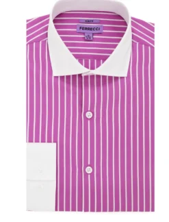 Ferrecci Pink Striped Slim Fit Cutaway Collar Cotton Dress Shirt