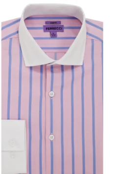 Ferrecci Pink Striped Slim Fit Spread Collar Cotton Dress Shirt