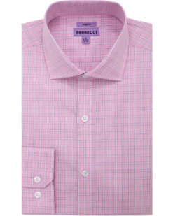 Ferrecci Pink Windowpane Check Slim Fit Cutaway Collar Cotton Dress Shirt