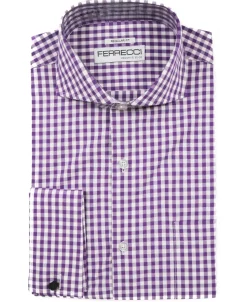 Ferrecci Purple and White Check Regular Fit Cutaway Collar Cotton Dress Shirt