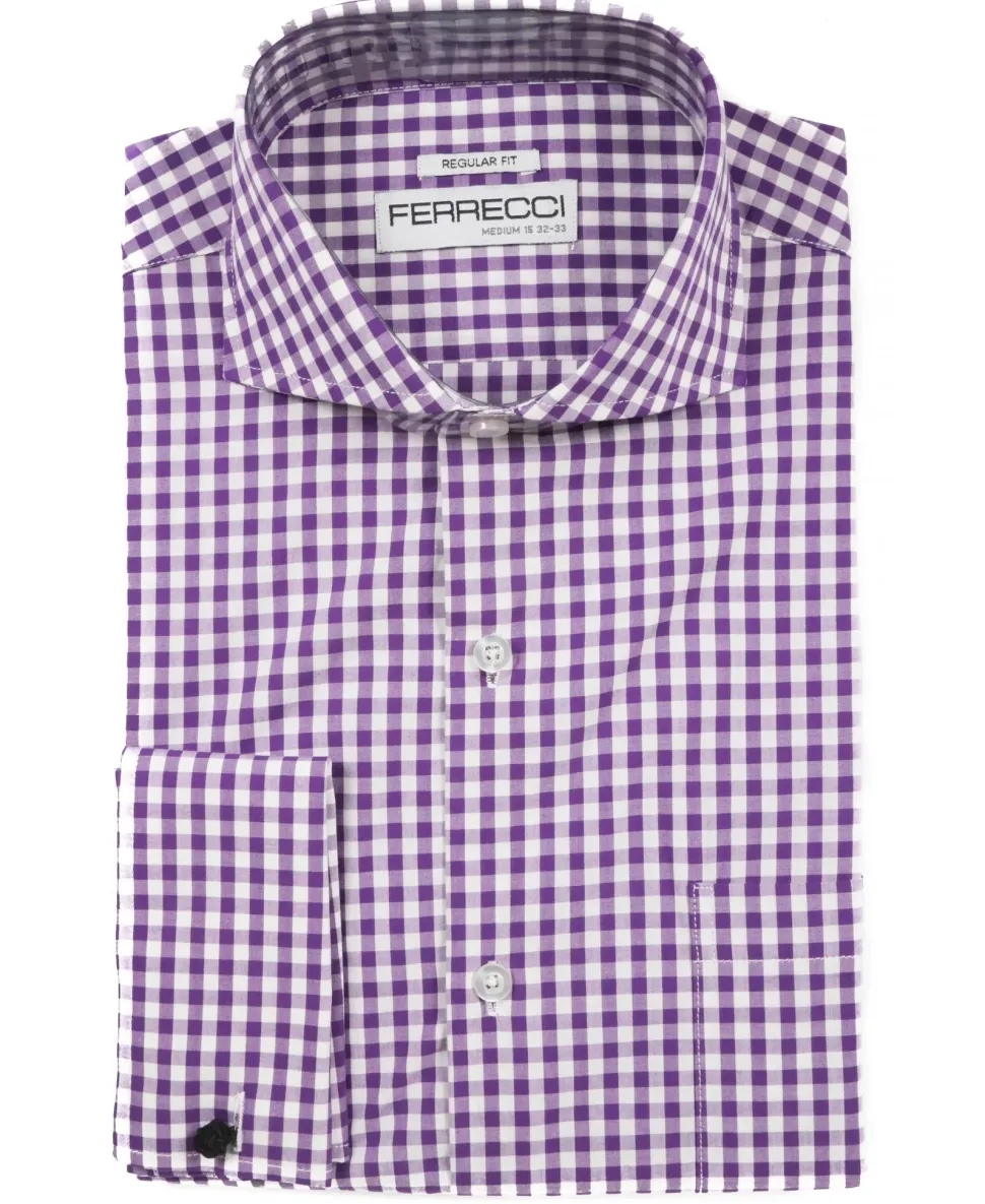 Ferrecci Purple and White Check Regular Fit Cutaway Collar Cotton Dress Shirt