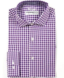 Ferrecci Purple and White Check Slim Fit Cutaway Collar Cotton Dress Shirt