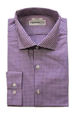 Ferrecci Purple and White Micro-Check Slim Fit Cutaway Collar Cotton Dress Shirt