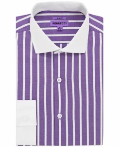 Ferrecci Purple Striped Slim Fit Spread Collar Cotton Dress Shirt