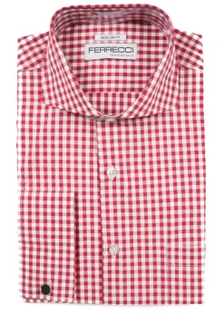 Ferrecci Red and White Check Regular Fit Cutaway Collar Cotton Dress Shirt