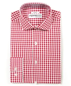 Ferrecci Red and White Check Slim Fit Cutaway Collar Cotton Dress Shirt