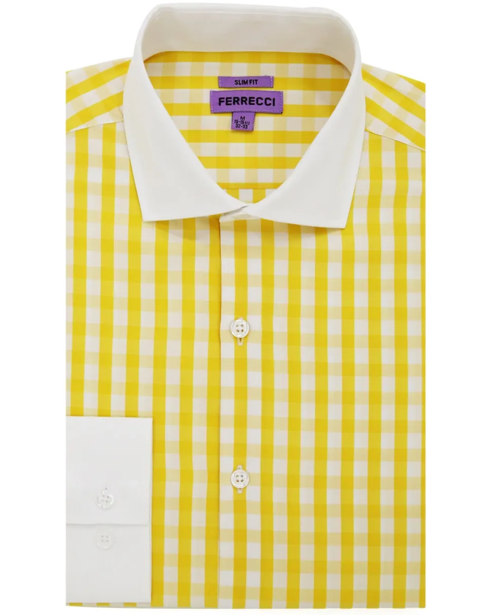 Ferrecci Yellow Gingham Slim Fit Cutaway Collar Cotton Dress Shirt