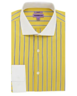 Ferrecci Yellow Striped Slim Fit Spread Collar Cotton Dress Shirt