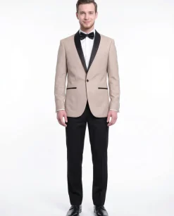 Gino Vitale Mens Slim Fit Khaki Tan One Button Tuxedo Suit With Shawl Lapels