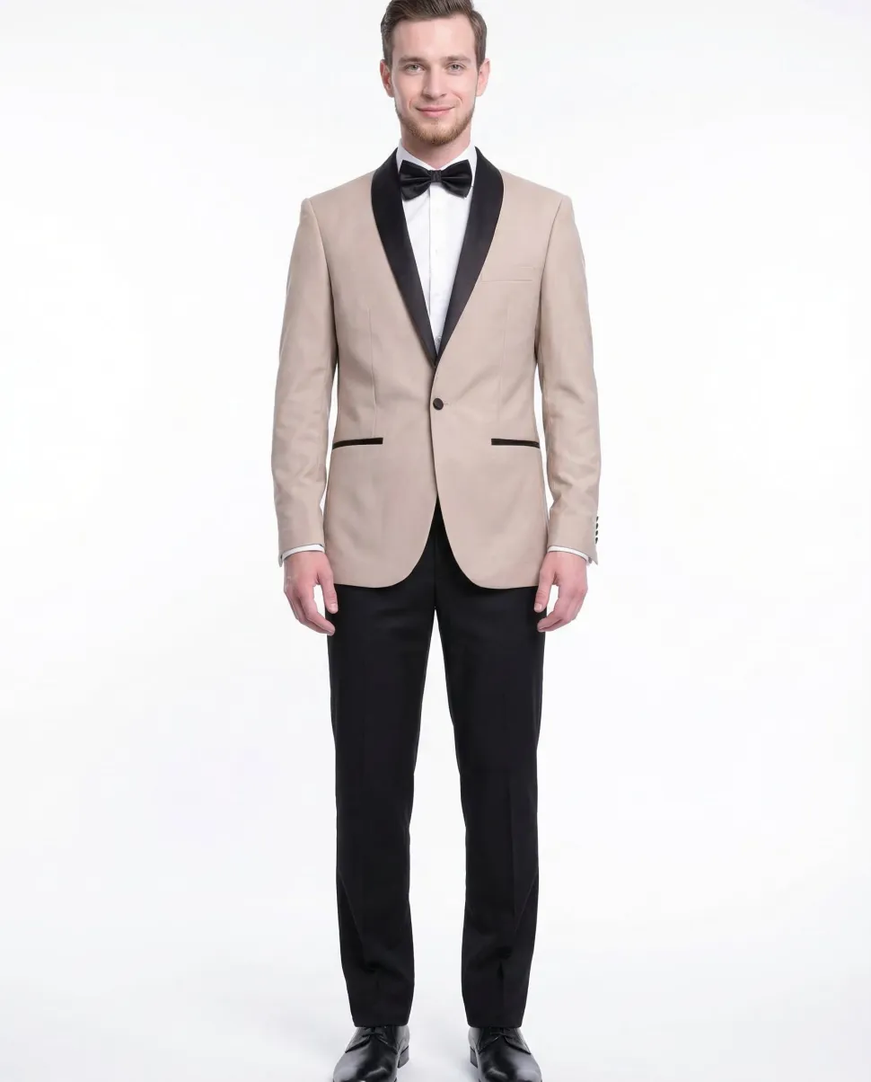Gino Vitale Mens Slim Fit Khaki Tan One Button Tuxedo Suit With Shawl Lapels