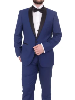 Gino Vitale Slim Fit Indigo Blue One Button Tuxedo Suit With Satin Shawl Lapel