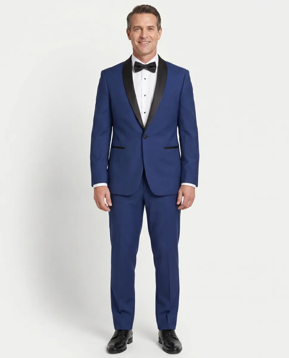 Gino Vitale Slim Fit Indigo Blue One Button Tuxedo Suit With Satin Shawl Lapel
