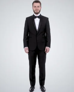 Gino Vitale Slim Fit Solid Black One Button Tuxedo Suit With Satin Shawl Lapels