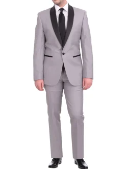 Gino Vitale Slim Fit Solid Gray One Button Tuxedo Suit With Satin Shawl Lapels