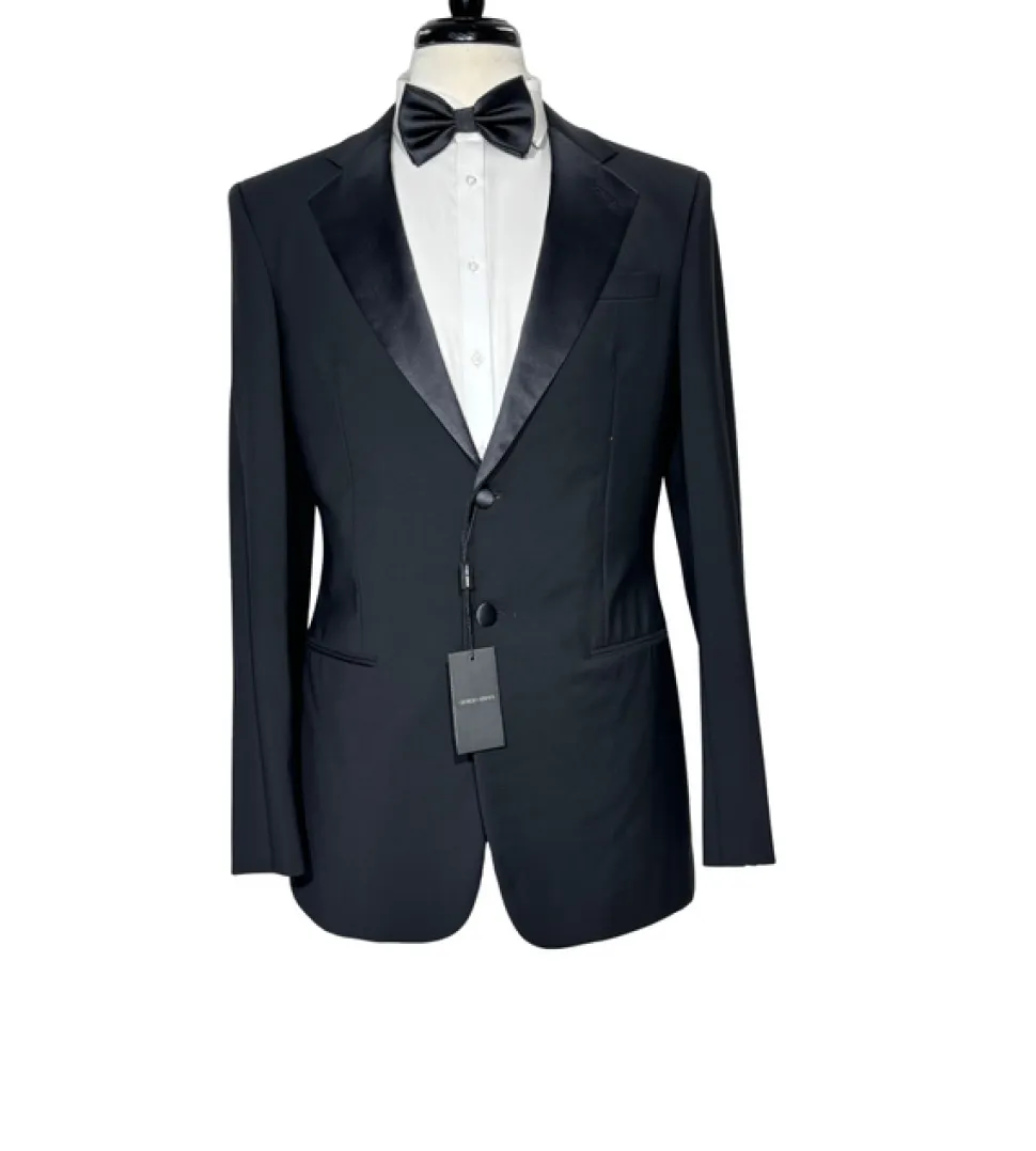 Giorgio Armani Mens Solid Black Fully-Canvassed Satin Notch Lapel Slim Fit 2-Button Wool Tuxedo - 40L