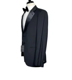 Giorgio Armani Mens Solid Black Fully-Canvassed Satin Notch Lapel Slim Fit 2-Button Wool Tuxedo - 40L