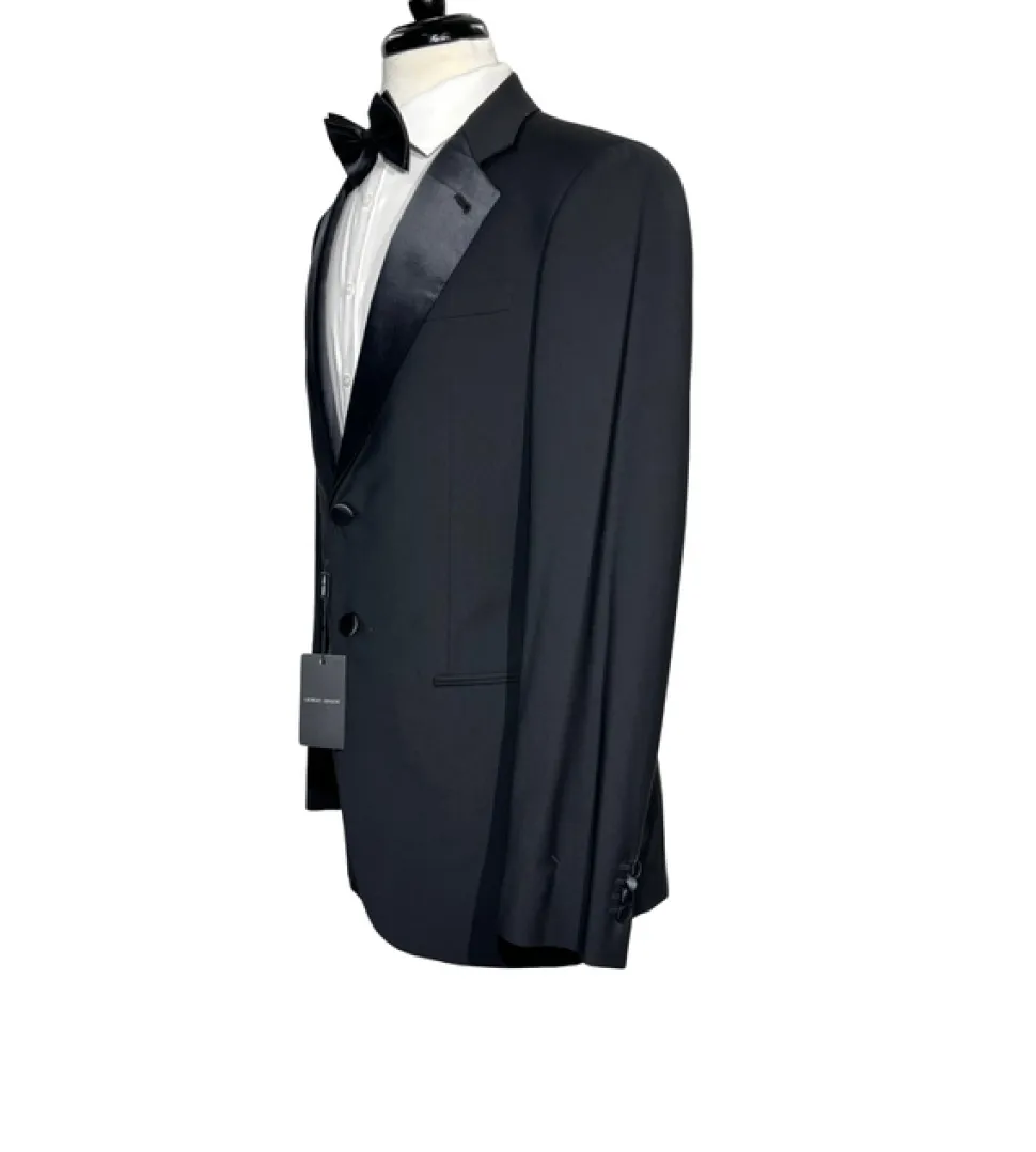 Giorgio Armani Mens Solid Black Fully-Canvassed Satin Notch Lapel Slim Fit 2-Button Wool Tuxedo - 40L
