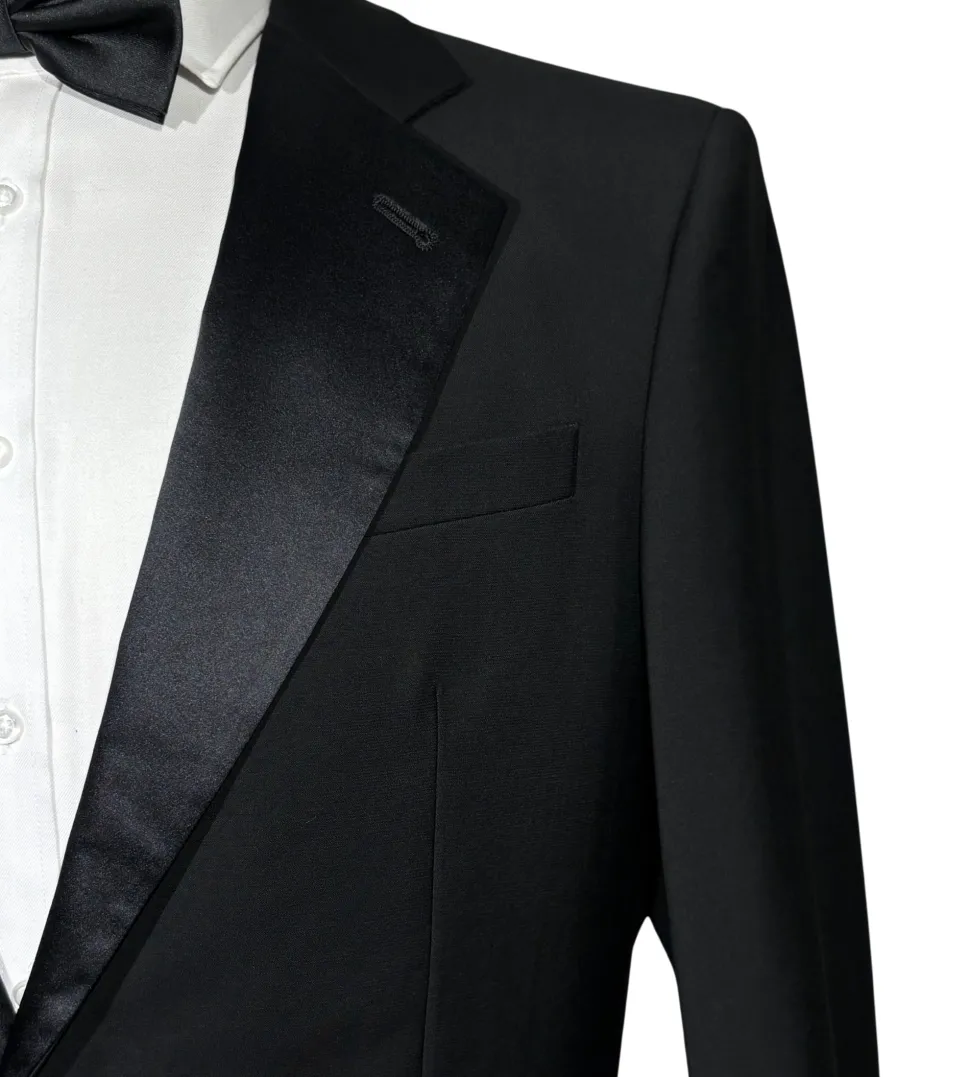Giorgio Armani Mens Solid Black Fully-Canvassed Satin Notch Lapel Slim Fit 2-Button Wool Tuxedo - 40L