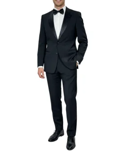 Giorgio Armani Mens Solid Black Fully-Canvassed Satin Notch Lapel Slim Fit 2-Button Wool Tuxedo - 40L