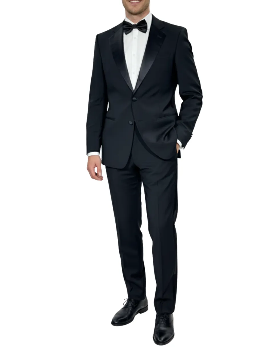 Giorgio Armani Mens Solid Black Fully-Canvassed Satin Notch Lapel Slim Fit 2-Button Wool Tuxedo - 40L