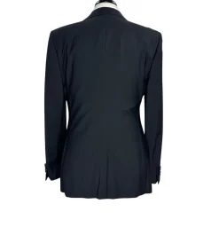 Giorgio Armani Mens Solid Black Fully-Canvassed Satin Notch Lapel Slim Fit 2-Button Wool Tuxedo - 40L