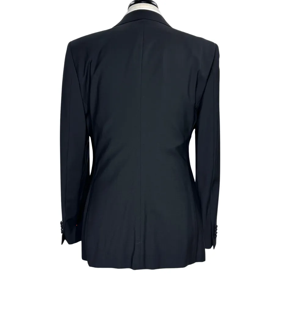 Giorgio Armani Mens Solid Black Fully-Canvassed Satin Notch Lapel Slim Fit 2-Button Wool Tuxedo - 40L